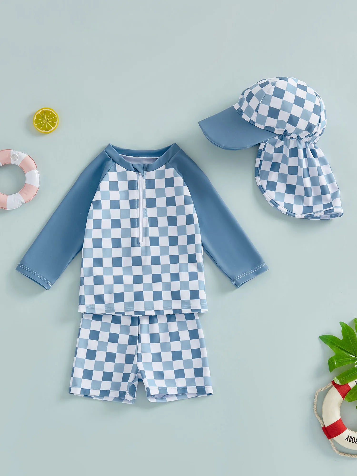 1-4T Toddler Boy Swimsuit Set Checkered Long Sleeve Rash Guard Swim Tops Swim Shorts and Sun Hat 3 Piece Outfit