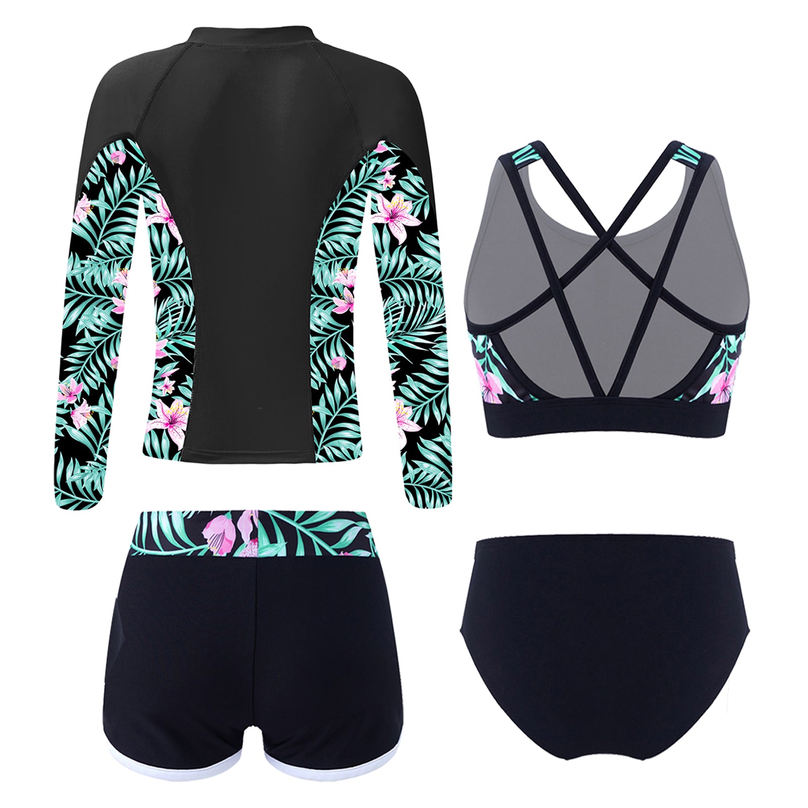 Kids Girls 4PCS Printed Swimsuit Long Sleeve Outerwear with Sleeveless Crop Top Briefs Shorts Bathing Suit Rash Guard Swimwear