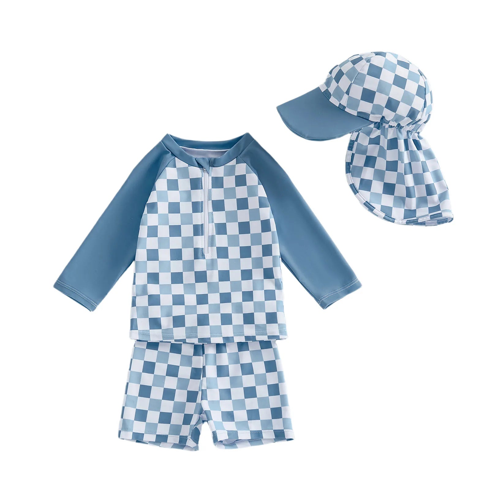1-4T Toddler Boy Swimsuit Set Checkered Long Sleeve Rash Guard Swim Tops Swim Shorts and Sun Hat 3 Piece Outfit