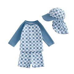 1-4T Toddler Boy Swimsuit Set Checkered Long Sleeve Rash Guard Swim Tops Swim Shorts and Sun Hat 3 Piece Outfit