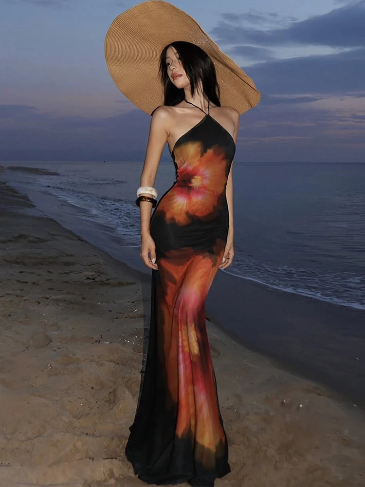 Weird Puss Beach Vacation Dress Women See Through Flower Print Halter Backless Bandage Sleeveless Party Club Stretch  Bodycon