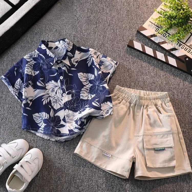 Retro Floral Print Boy's Short Sleeve Shirt Kids Summer Clothing Trendy Stylish Beach Vacation Top for Children Ages 3-10