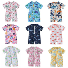 0-3Years Baby Boy Girl Rash Guard Swimsuits Fashion Print Short Sleeve Zip Up Rompers Bathing Suit Toddlers Swimwears Beachwear