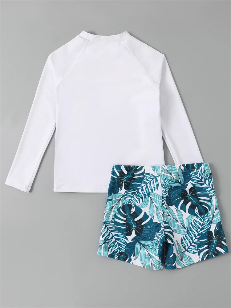 Boy Swimsuit 2026 New Geometry Print Long Sleeve Children Swimwear Summer Two Piece Kids Beach Wear Swimming Bathing Suit Men's