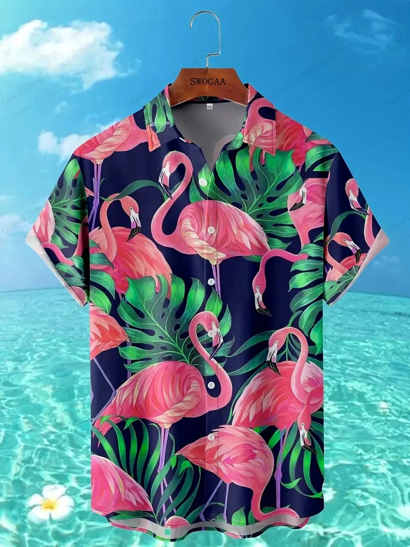 Summer Men's Vocation Lapel Camisa Oversized Hawaiian Shirts Flamingo 3d Print Fashion Men Women Beach Short Sleeve Blouse Boy