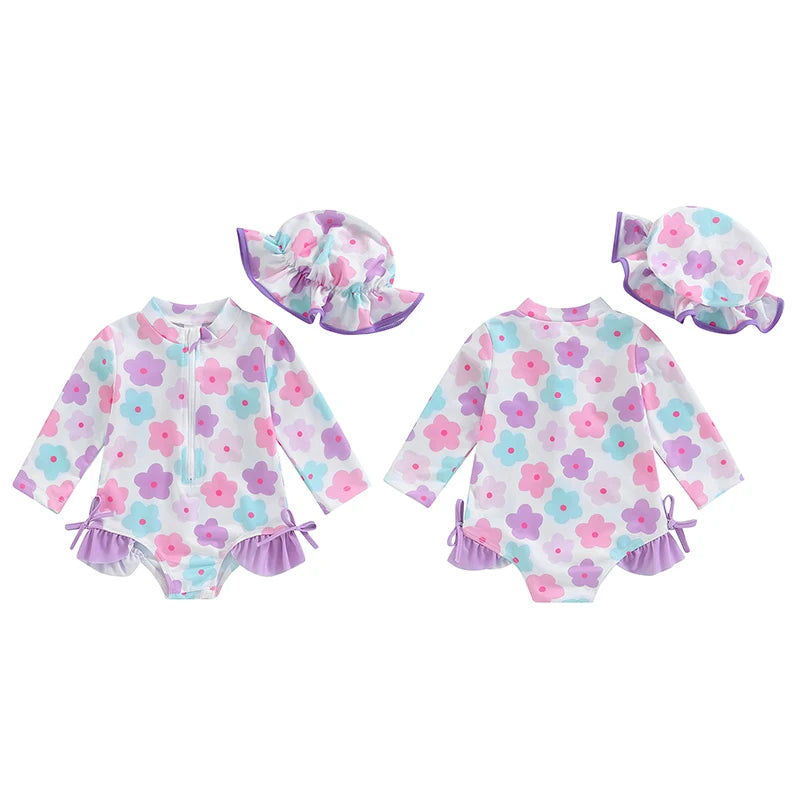 FOCUSNORM 0-24M Summer Baby Girls Rash Guard Swimsuits Long Sleeve Floral Print Zipper Swimwear and Sun Hat