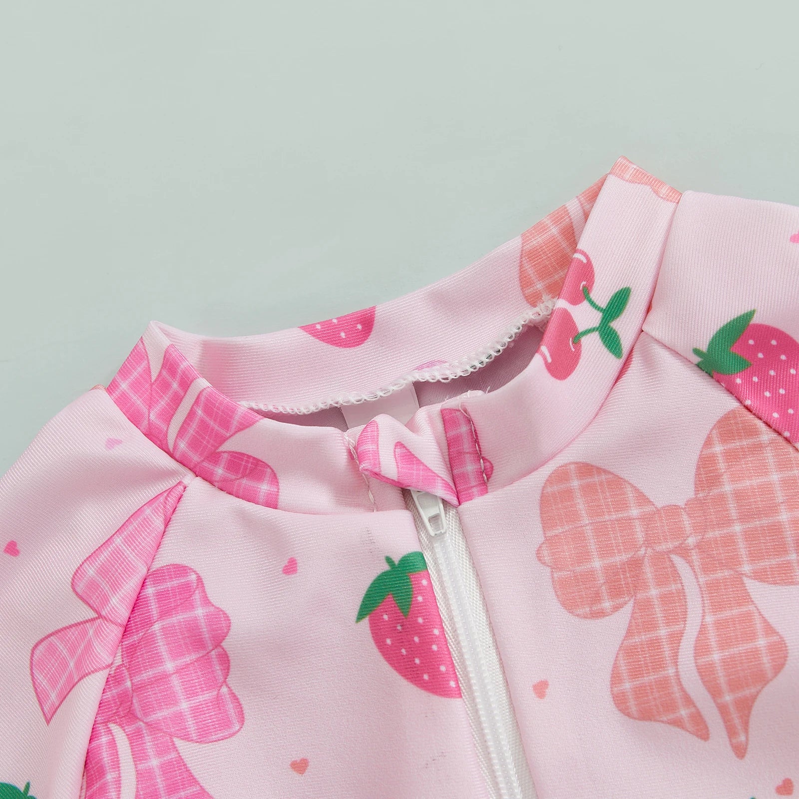 Summer Toddler Baby Girl Short Sleeve Swimwear Bathing Suit Infant Rash Guard Swimsuit Kids Cherry/Bow Print Zipper Beachwear