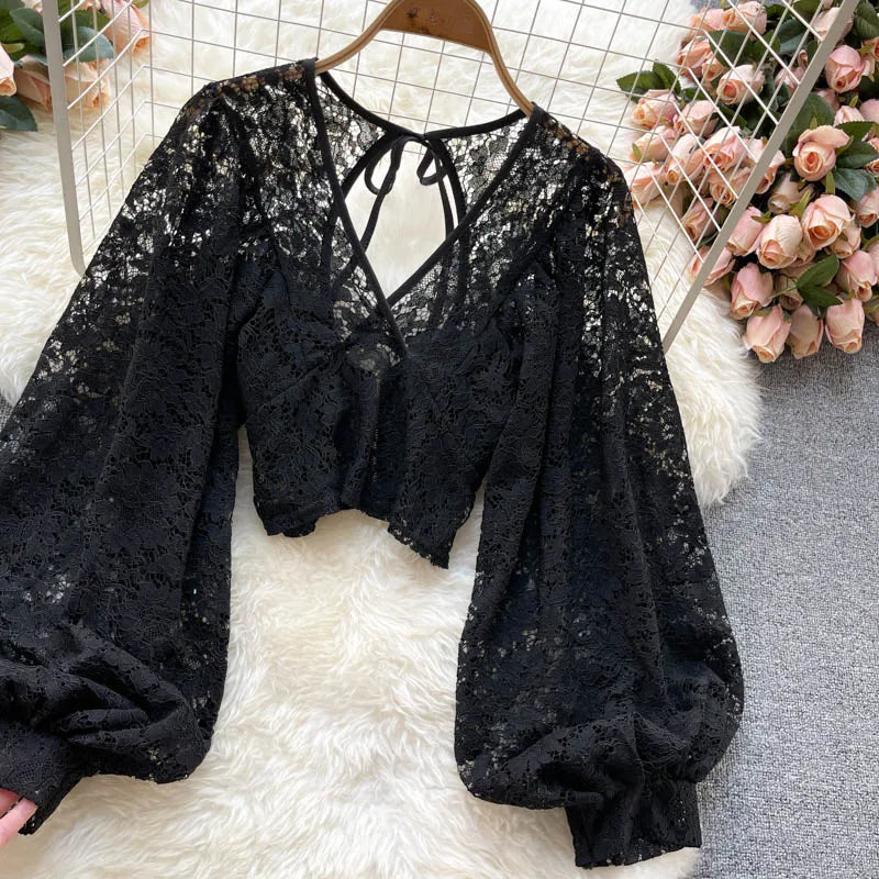 Frenchic Sexy Blusas Mujer Crochet Lace Sheer Women Tops V-neck Lantern Sleeve Backless Lace-up Ladies Elegant Blouse