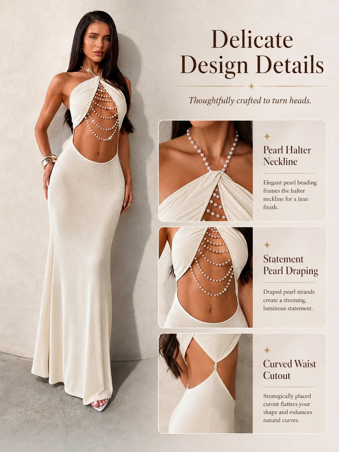 Halter Neck Cutout Bodycon Maxi Dress for Women, Pearl Chain Decor Sleeveless Backless Mermaid Dress Clubwear Cocktail Party Outfit