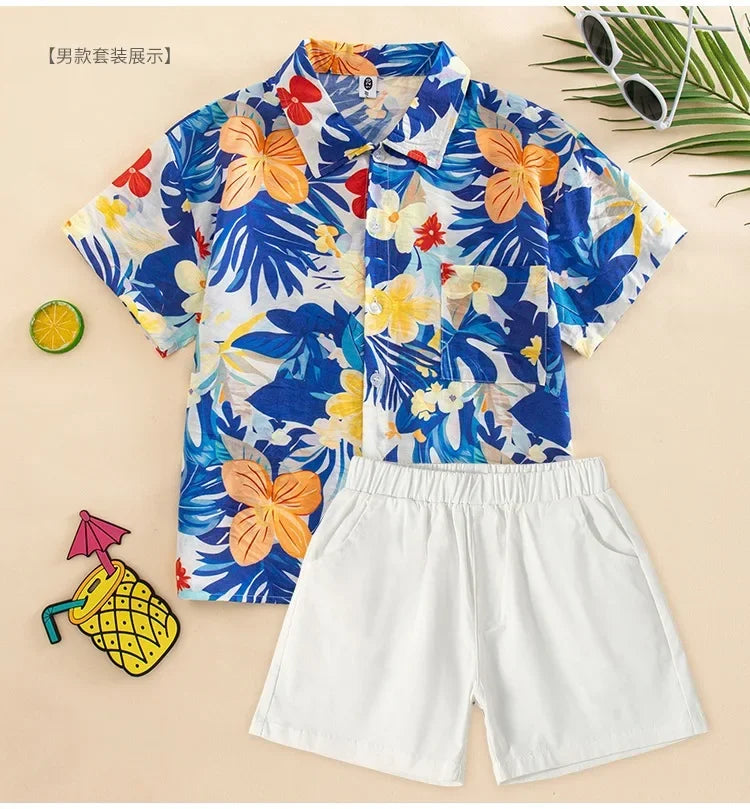 Vacation Family Matching Clothes Sets Mom Daughter Shirts Skirt Casual Dad Son Tops Shorts Resort Parent Child Two Piece Outfit