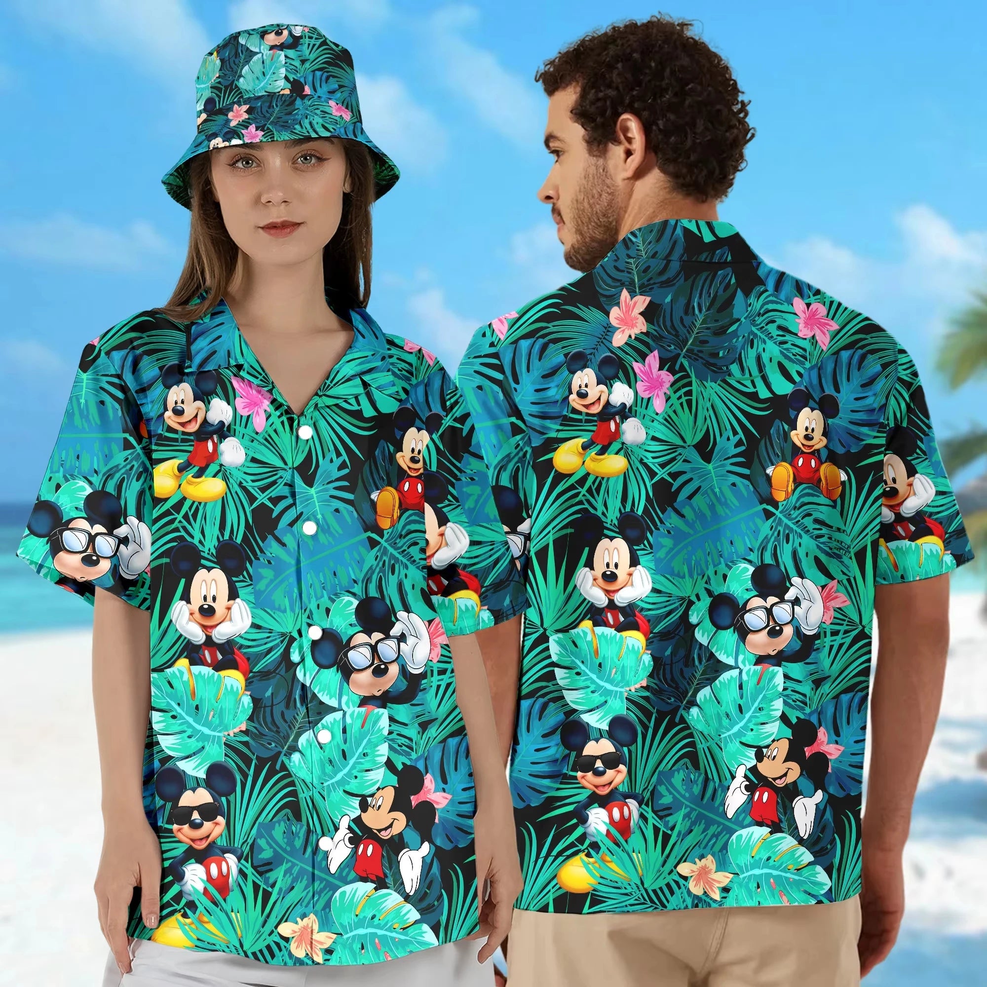 Summer Hot Selling Cute Mickey Minnie Casual Couple Parent Child Black Shirt Adult Children Fashionable Seaside Vacation Style
