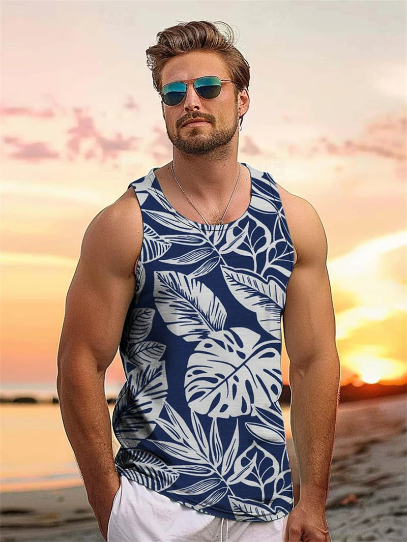 Tropical Plant Palm 3D Graphic Men's Sleeveless Hawaii Vacation Outdoor Casual Tank Tops Summer Travel Street Loose Men Clothing