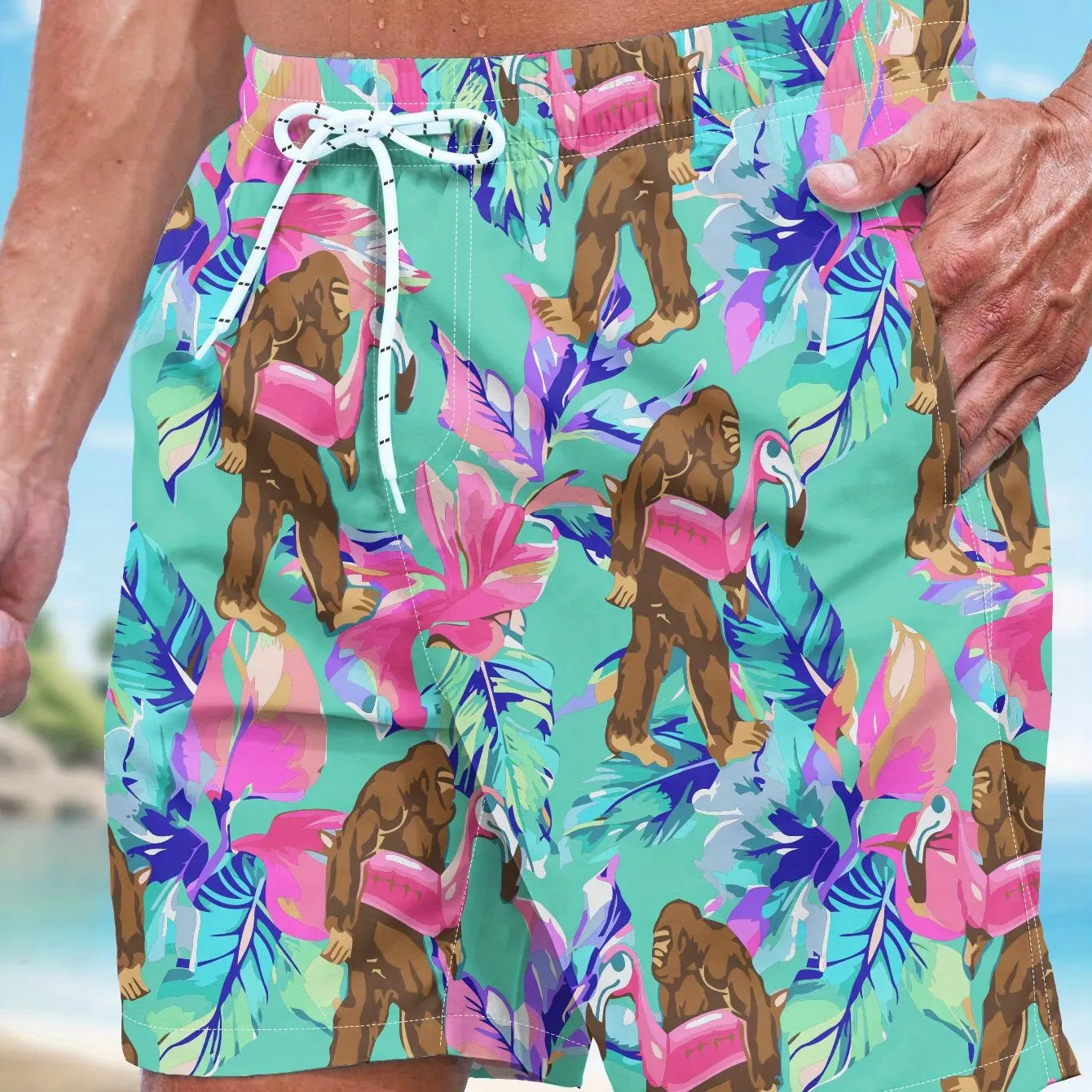 Mens Bigfoot Tropical Leaf Pink Base Print Quick Dry Board Shorts Elastic Drawstring Swim Trunks Summer Beach Casual Outfit