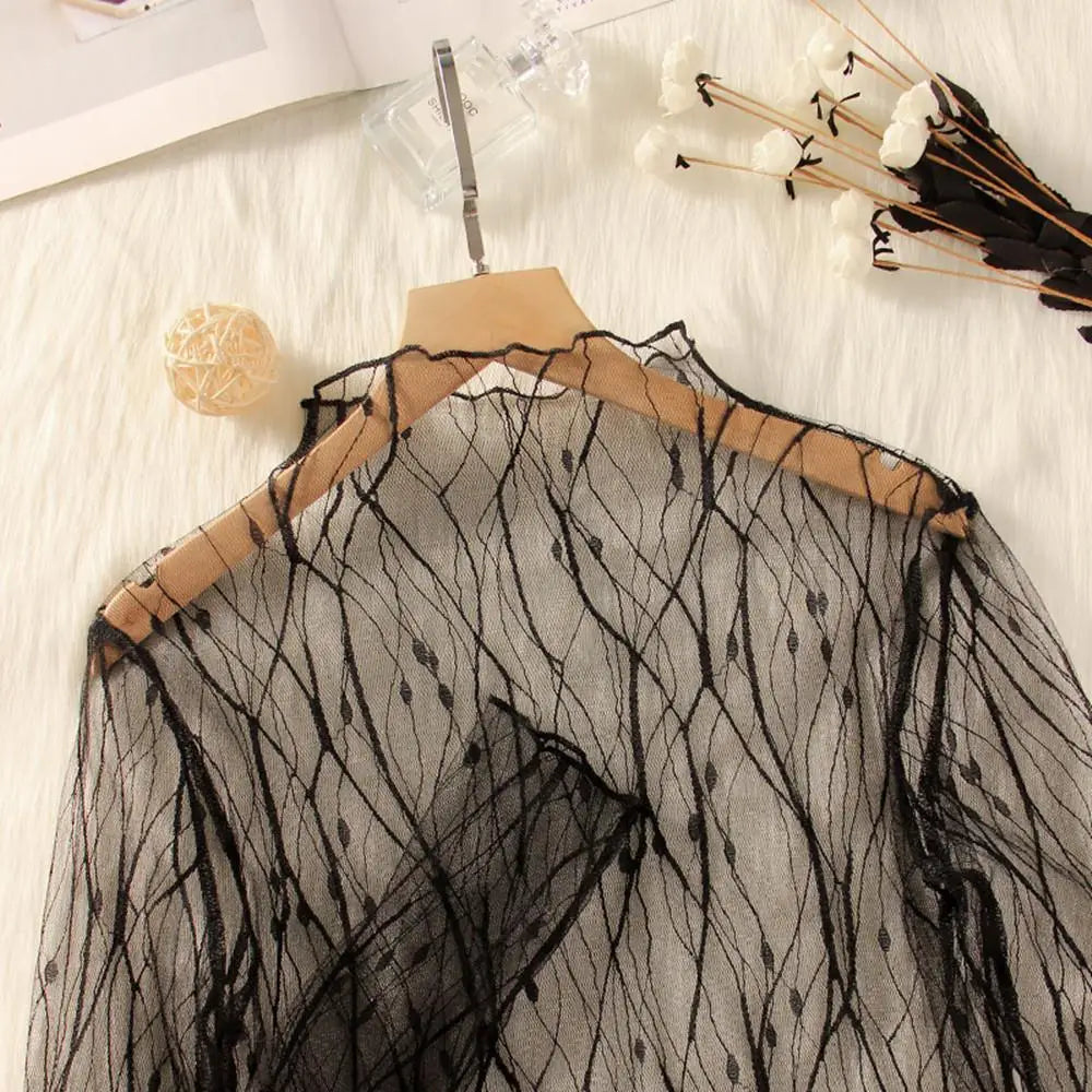 Lace Sheer Women‘s T-Shirt Fashion Mesh Summer Thin Bottom Shirt Transparent Long Sleeve Blouses Ladies Tops High Neck Tee Soli