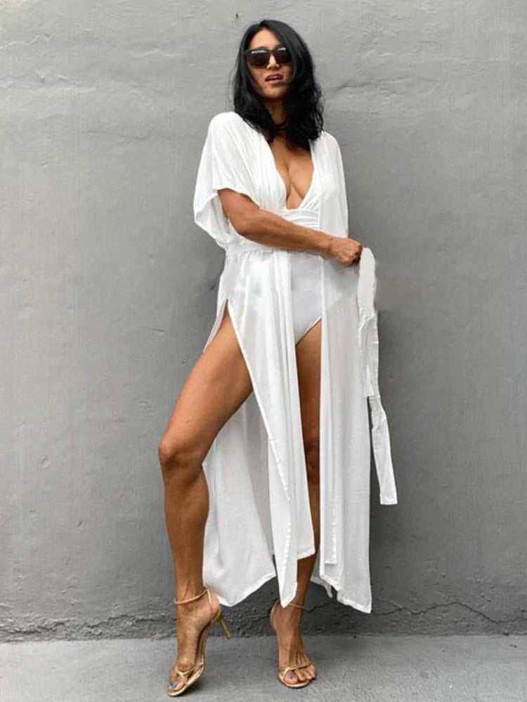 Swimsuit Cover Ups for Women Beach Cape Tunic Kimono Summer Belted Split Wrap Dresses Pareo Holiday Bathing Suits Factory Supply