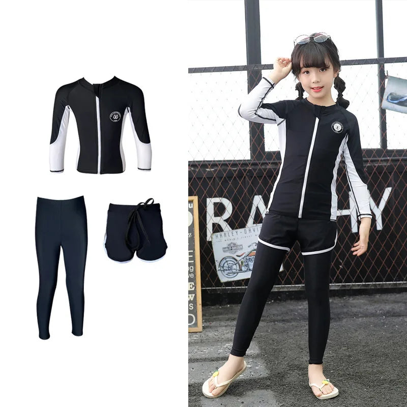 Kids Swimsuit 3 Piece Long Sleeve Rashguard Shirt and Bathing Shorts Leggings Swimwear Sun UV Protection Rash Guards Full Body