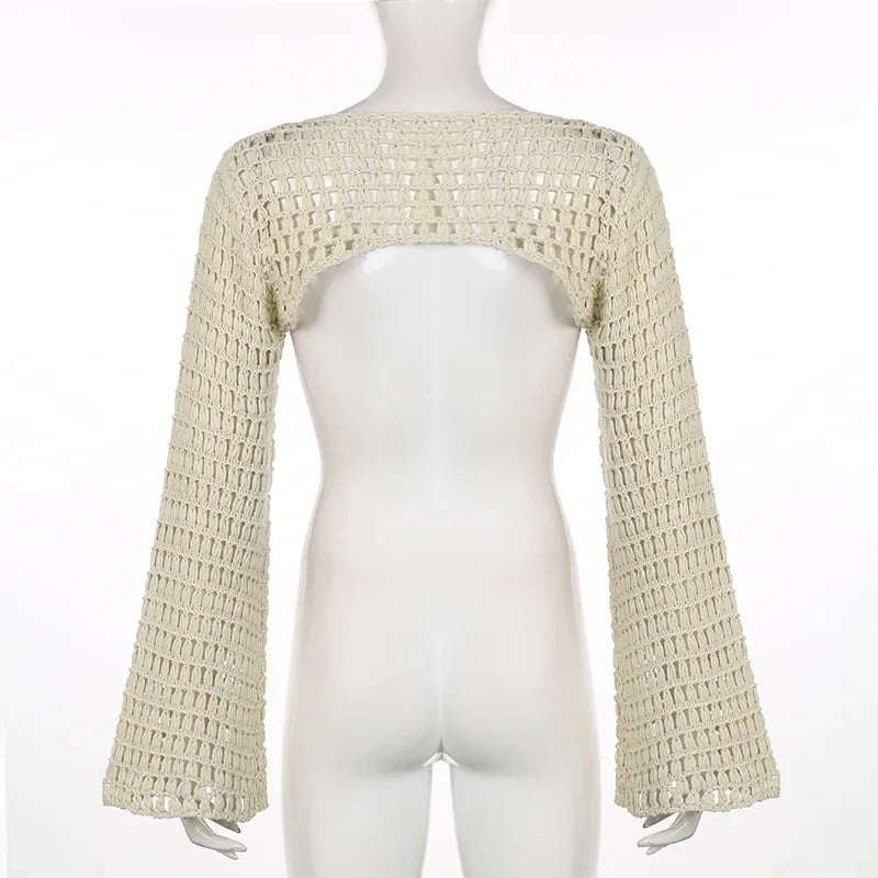 Long Sleeve Crochet Crop Top Summer Knit Hollow Out Mesh Cover Ups 2024 Women‘s Y2k Crochet Tops Pullover Streetwear