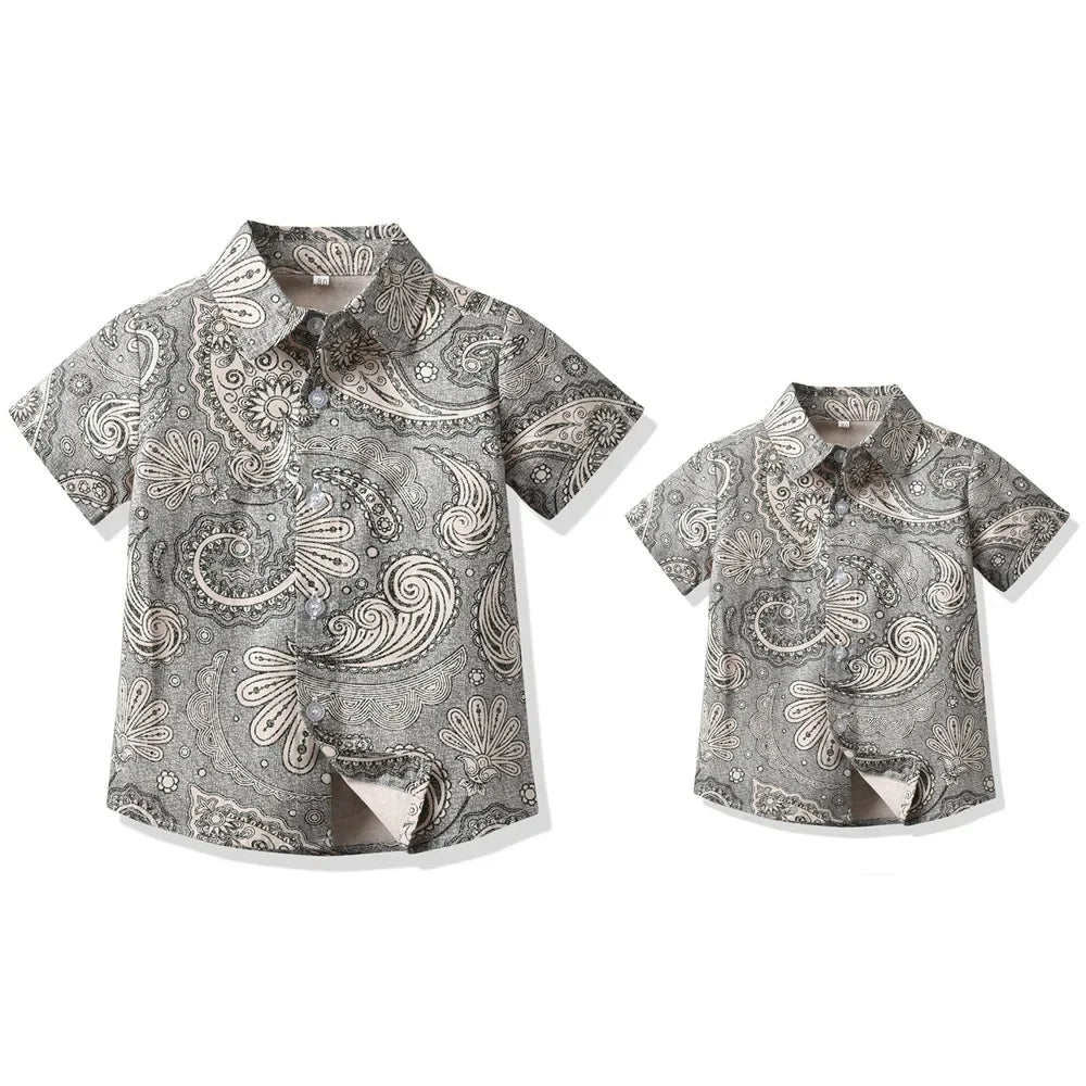 Boy Hawaiian Flower Shirt  Lapel Short Sleeve Father Kid Shredded Casual Cardigan Parent Child Clothe Button Summer Beach Blouse