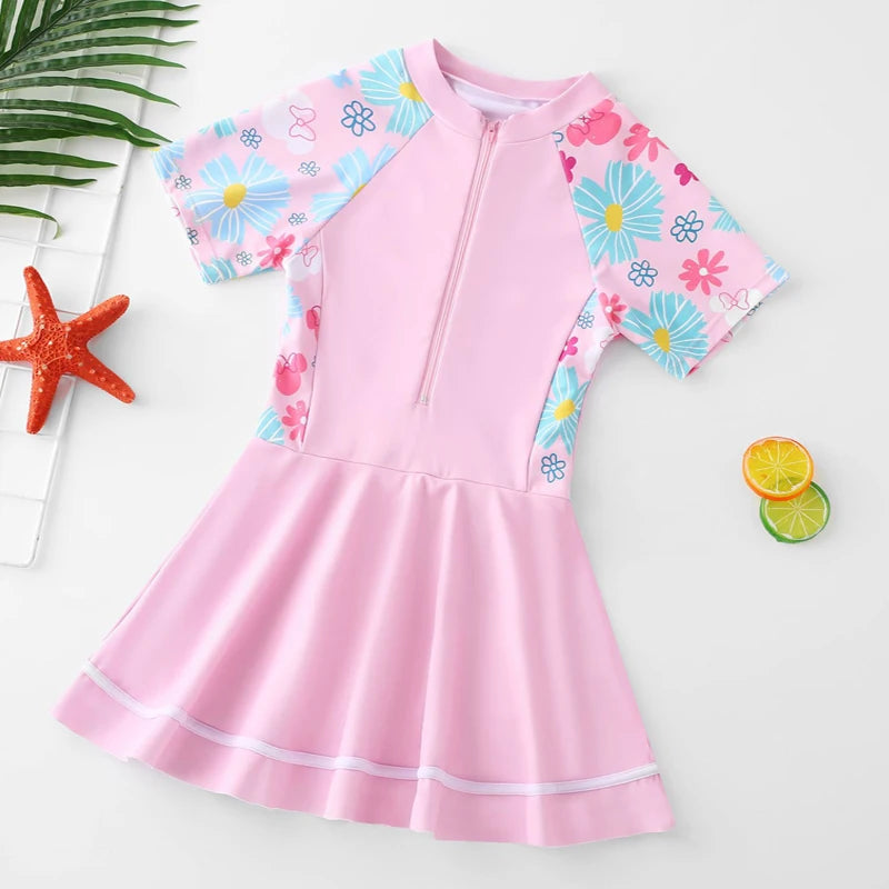 Swimming Suit Girls Zipper Swimmingsuit Girl Kids One Piece Swimsuit Flower Patchwork Swimming Suit For Girls