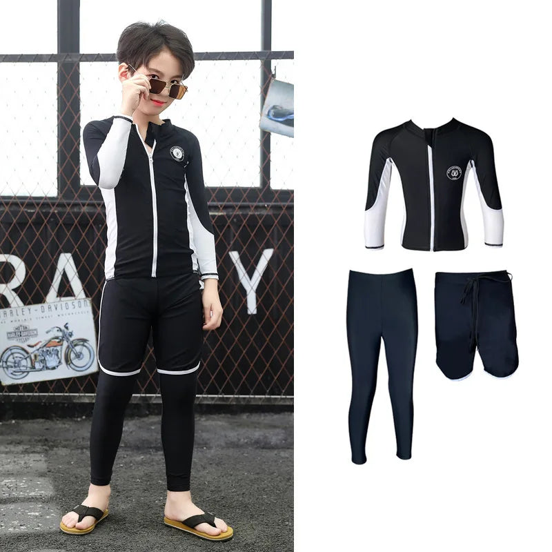 Kids Swimsuit 3 Piece Long Sleeve Rashguard Shirt and Bathing Shorts Leggings Swimwear Sun UV Protection Rash Guards Full Body