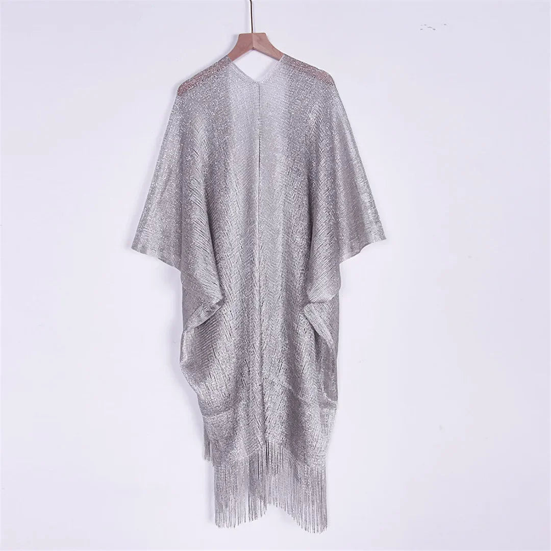 Sexy Fringe Tassel Sheer Knitted Beach Cover Up Dress Shiny Mesh Tunic for Women Swimwear Mesh Cover Lightweight Beach Dress