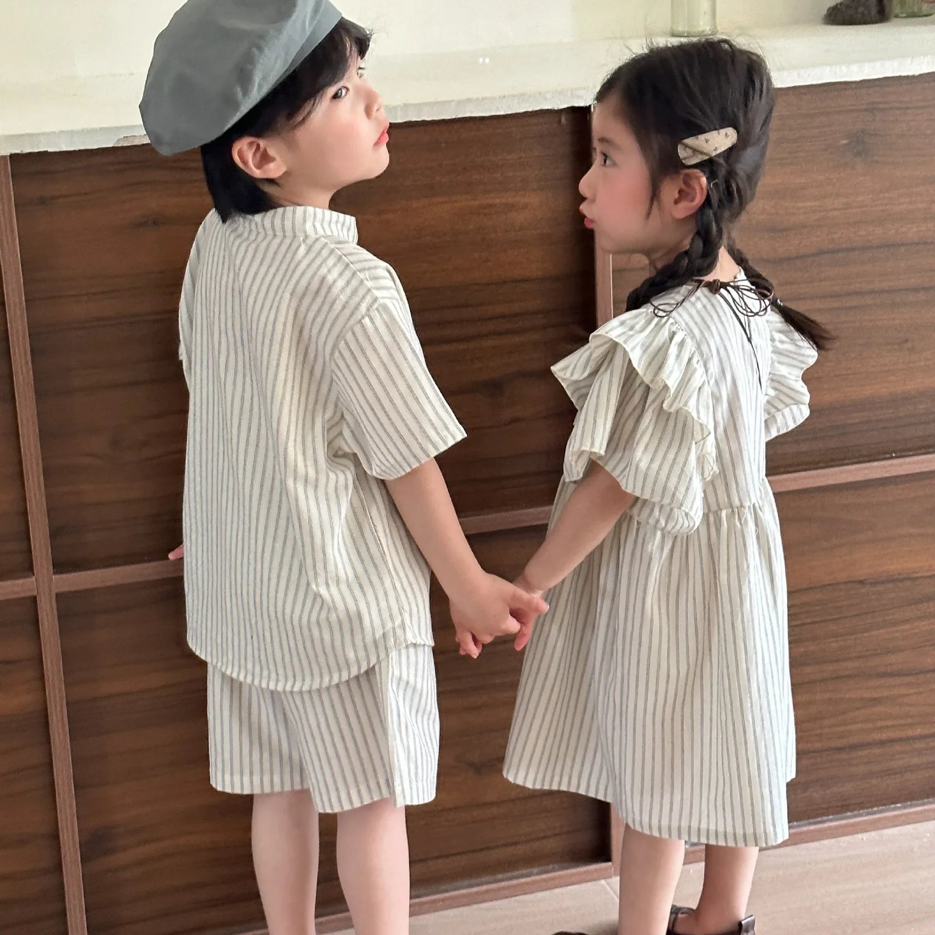 22004 Brother Sister Clothes Summer New Short Sleeve Stripes Baby Boy's Suit Or Cotton Girl Dress