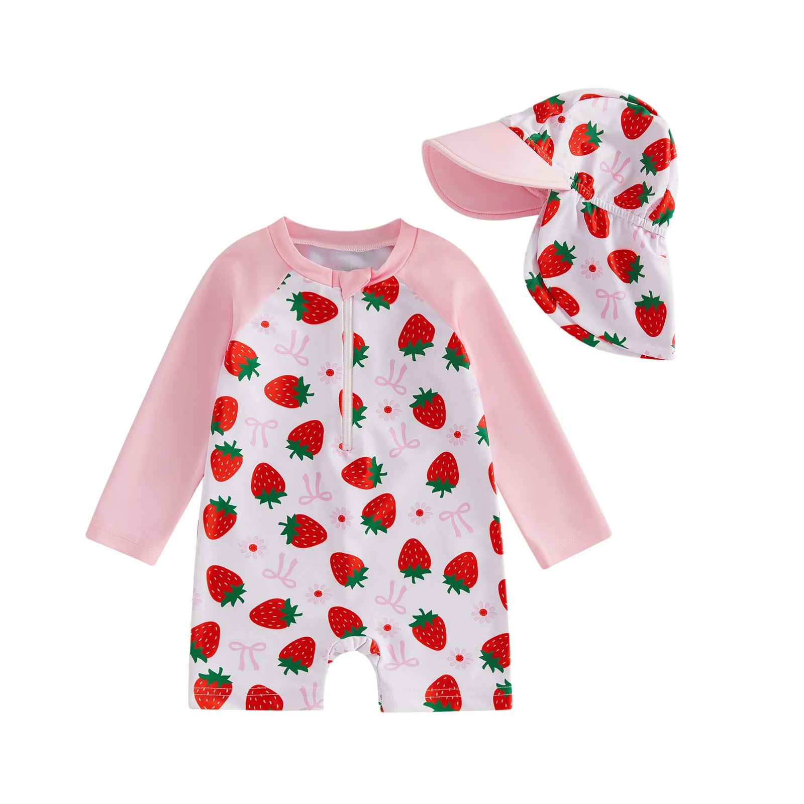 3M-3T Toddler Girl Rash Guard Swimsuit Strawberry/Bow/Cherry Print Long Sleeves Front Zipper Bathing Suit with Hat