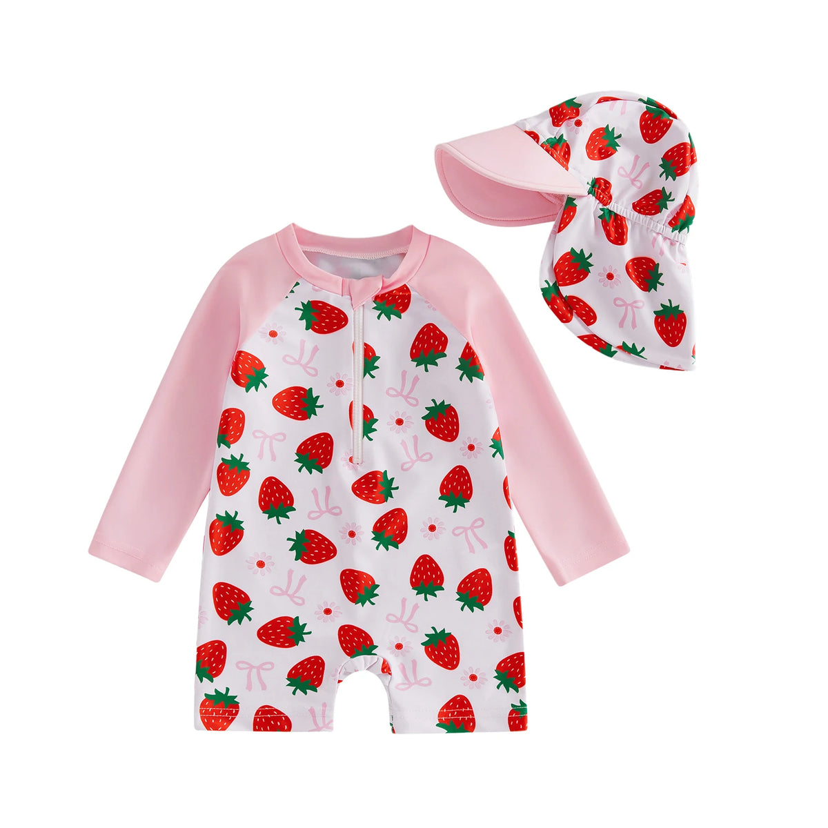 3M-3T Toddler Girl Rash Guard Swimsuit Strawberry/Bow/Cherry Print Long Sleeves Front Zipper Bathing Suit with Hat