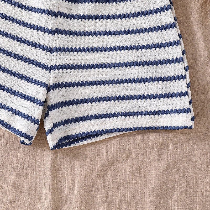 Girls 8-12 Casual 2-Piece Set, Navy Blue White Striped Halter Crop Top & Matching Elastic Waist Shorts, Beachy for Daily Summer