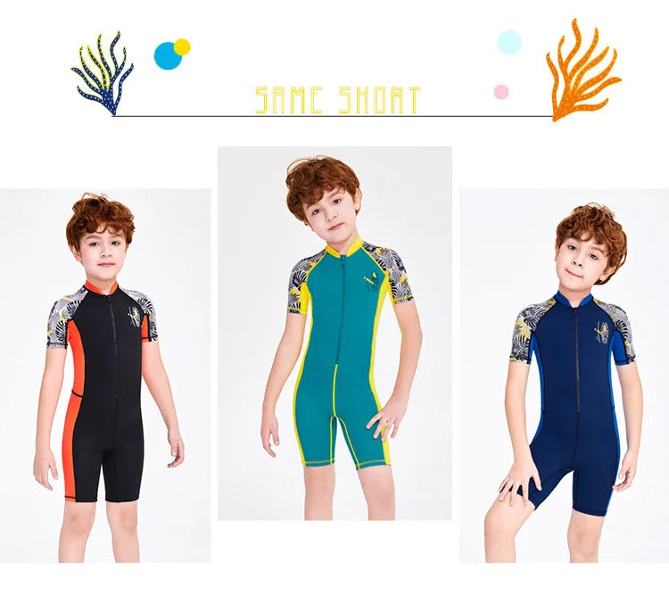 One-Piece Children Swimsuits Kid Swimwear Boys Long Sleeve Sun Protection (including swimming caps)