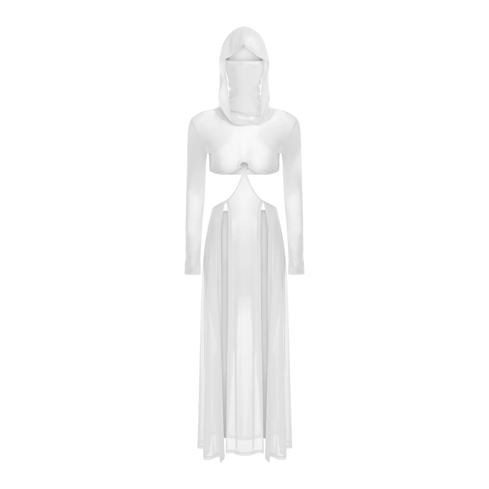 Women Sheer Dress with Hooded Face Mask Maxi High Slit Sexy Mesh Dress Long Sleeves Hollow Out Sheer Dress Cover Up Swimwear