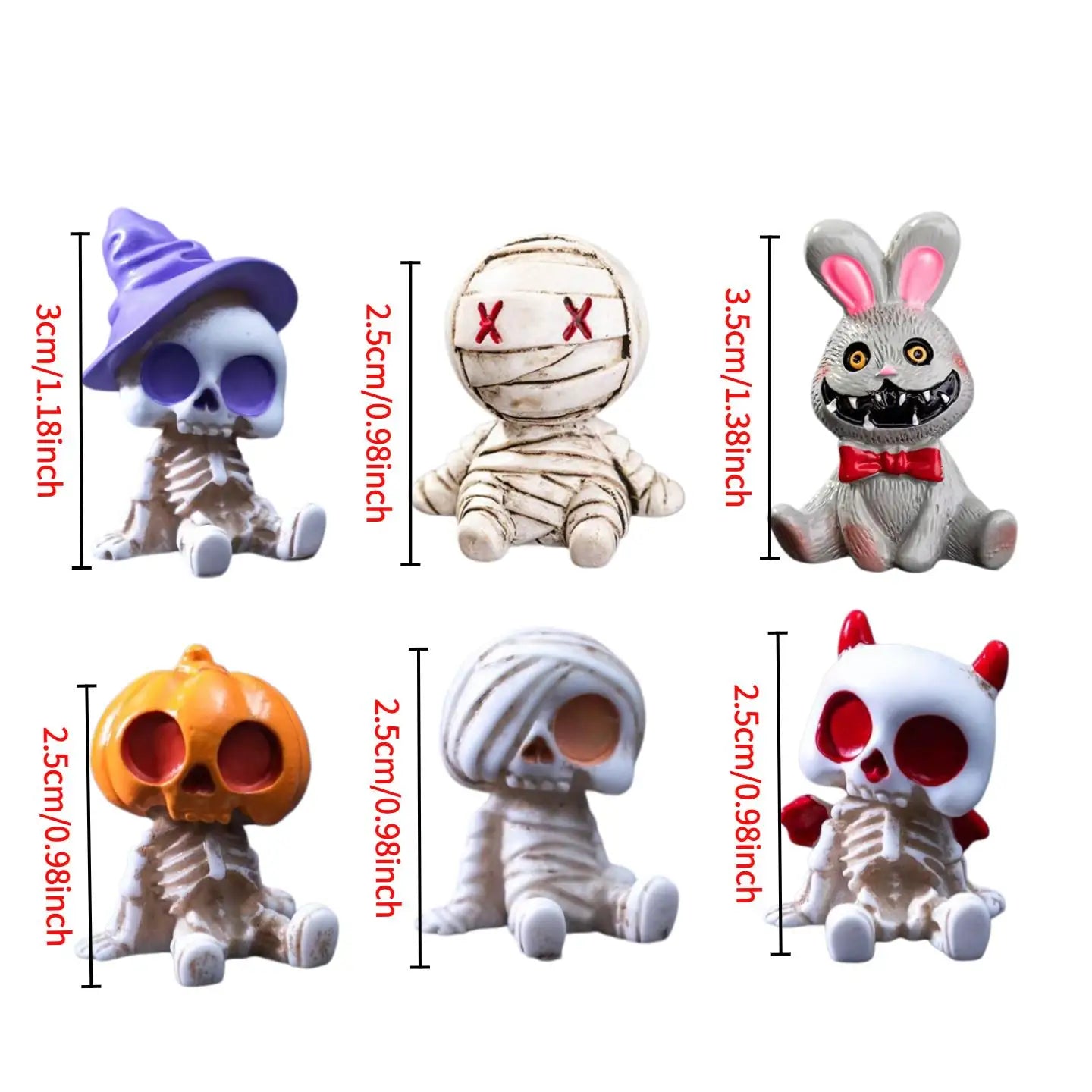 6Pcs Halloween Miniature Figurines Resin Skeleton Mummy Statues for DIY Micro Landscape Bonsai Car Desk Decor Party Gift