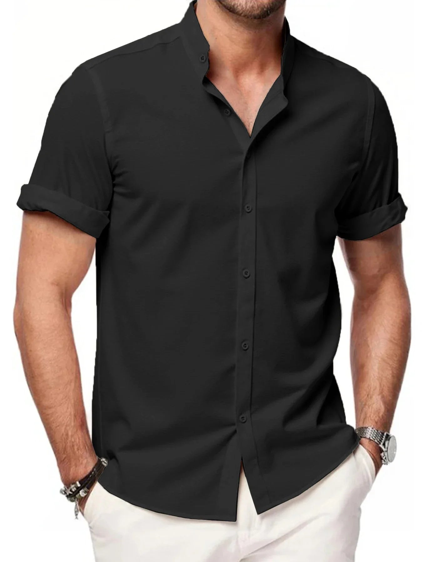 Summer Men's Short Sleeve Shirts Solid Color Stand Up Collar T Shirts Loose Casual Beach Shirt Breathable Male Linen Tops