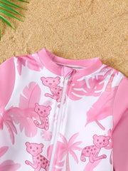 Baby Girl Summer Pink Print Long Sleeve Swimsuit with Hat Infant Swimwear Protection And Comfort