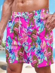 Mens Bigfoot Tropical Leaf Pink Base Print Quick Dry Board Shorts Elastic Drawstring Swim Trunks Summer Beach Casual Outfit