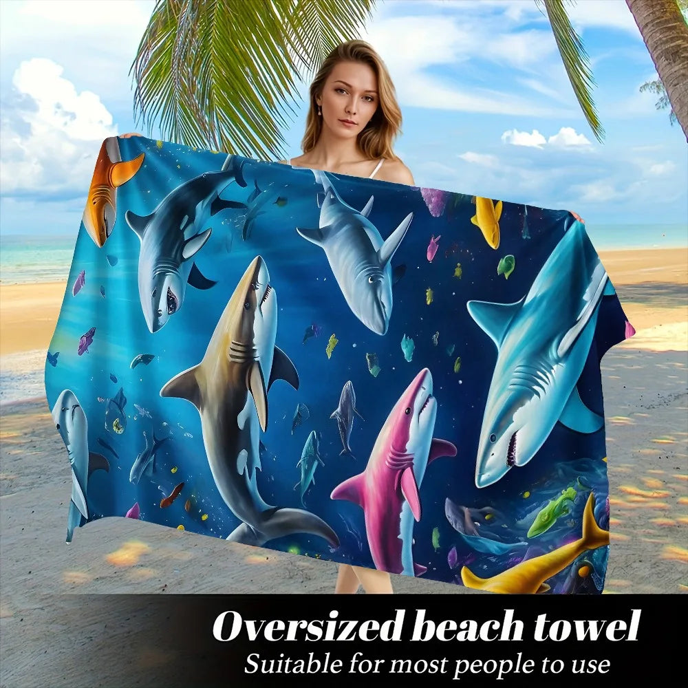 Cute Cartoon Shark Surfing Beach Towel Polyester Quick Dry Sand Free Swimming Bath Towel for Kid Boys Girls Summer Pool Vacation