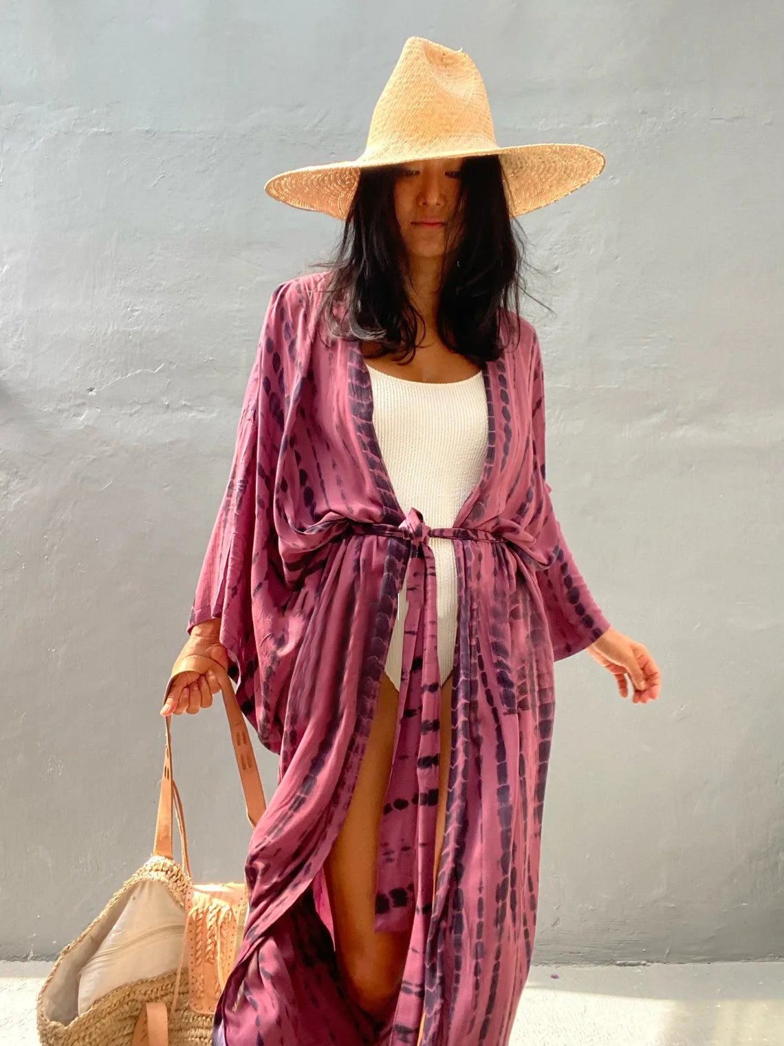 Women's Boho Stripe Tie Dye Swimsuit Cover Up with Belt Tunic Sarong Cardigan Dress Bikini Cover-ups Beach Wear Kimono