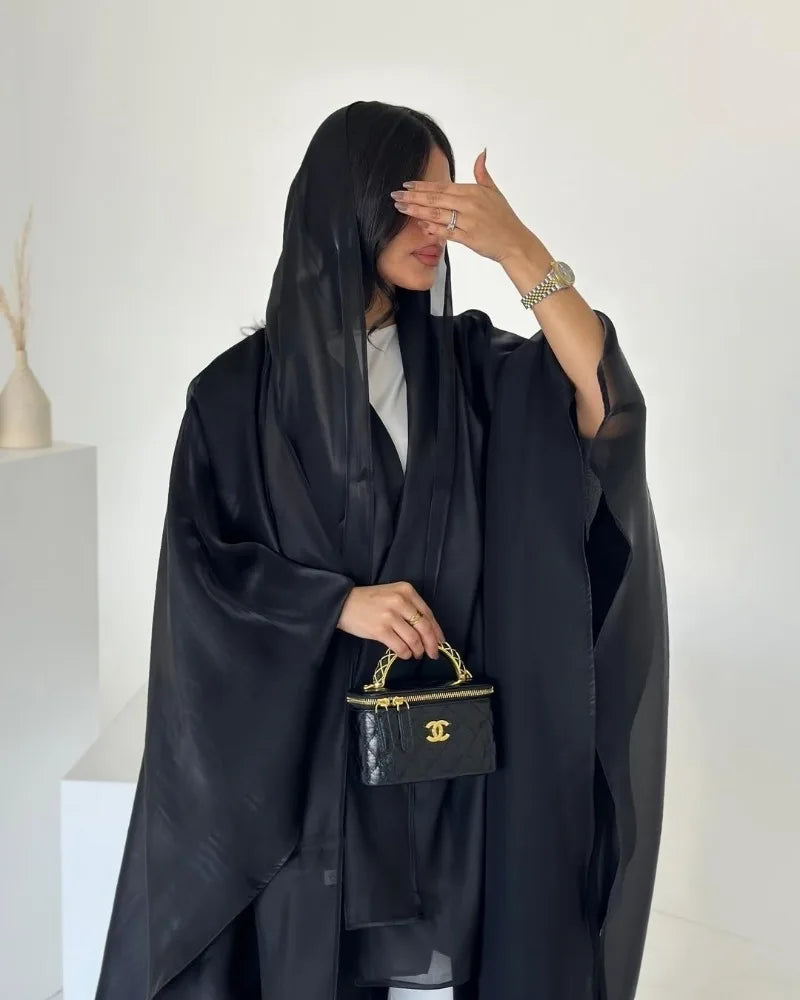 Elegant Arabic Satin Abaya Dress with Hijab Eid Muslim Women Modest Cardigan Islamic Vacation Outfit New in Turkey Kaftan Robe