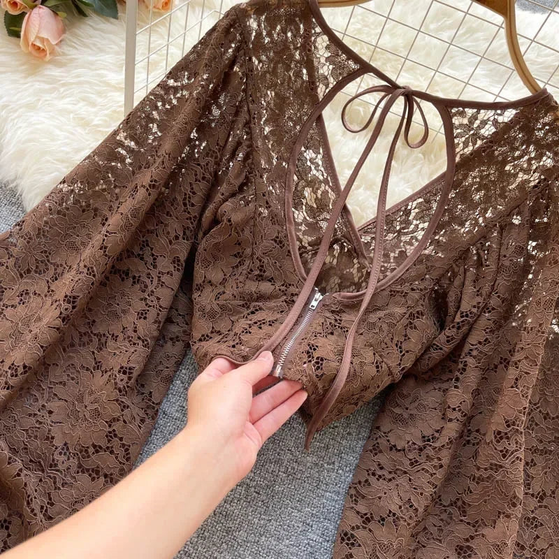 Frenchic Sexy Blusas Mujer Crochet Lace Sheer Women Tops V-neck Lantern Sleeve Backless Lace-up Ladies Elegant Blouse
