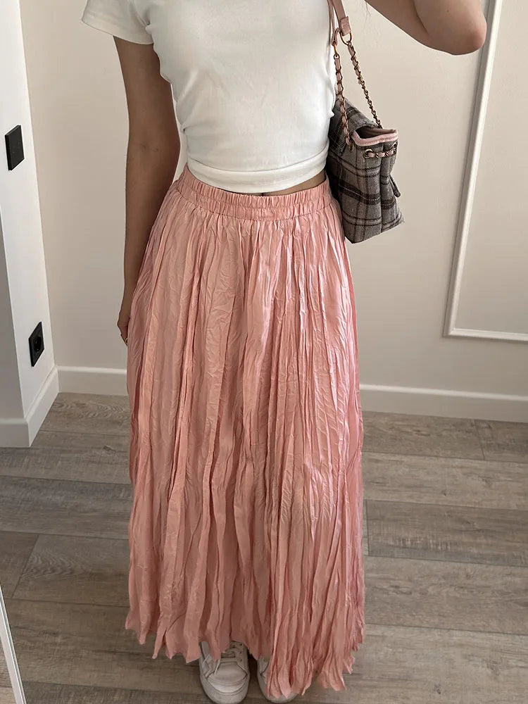 Streamgirl Women Summer Skirts Long Pleated A Line Elegant Solid Big Swing Maxi Skirt Ladies Blue White Beach Skirt Women Luxury