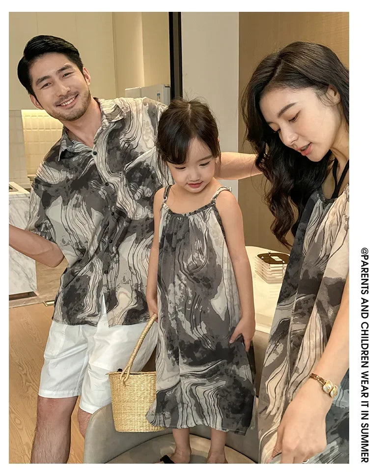 2025 Vacation Look Family Clothes Couple Beach Wear Brother Sister Dad Son Print Shirts Mom Daughter Matching Sleeveless Dress