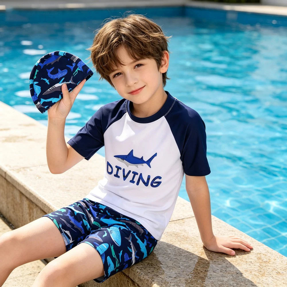 Boys Astronaut Swimsuit Set 3Pcs Kids Rash Guard Swimwear Short Sleeve Shirt + Shorts + Cap Children Beachwear UPF50+