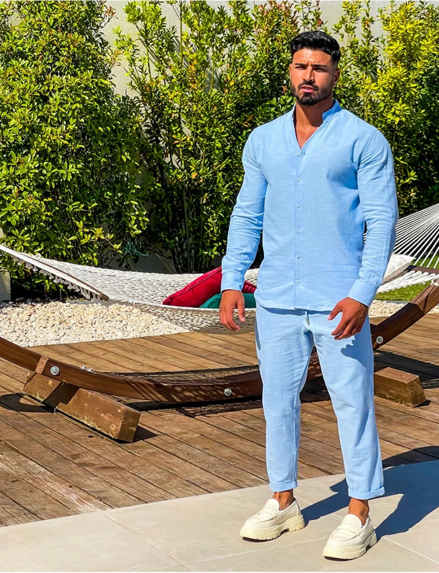 Men's casual cotton and linen suit, fashion comfortable linen solid color stand collar shirt street loose long sleeve two-piece