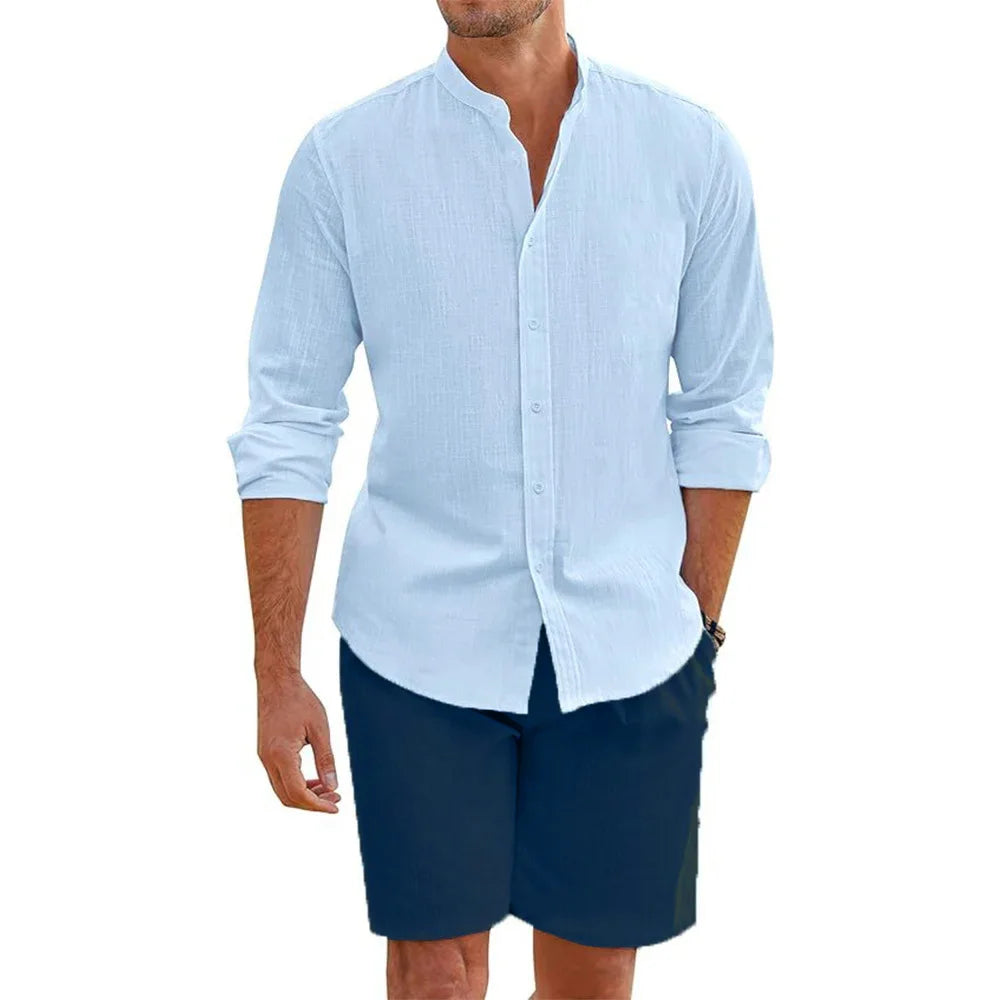 2 pcs Sets Men's Summer Cotton Linen Shirt and Shorts Cardigan Simple Casual Beach Shirts Comfortable Hawaii Wear