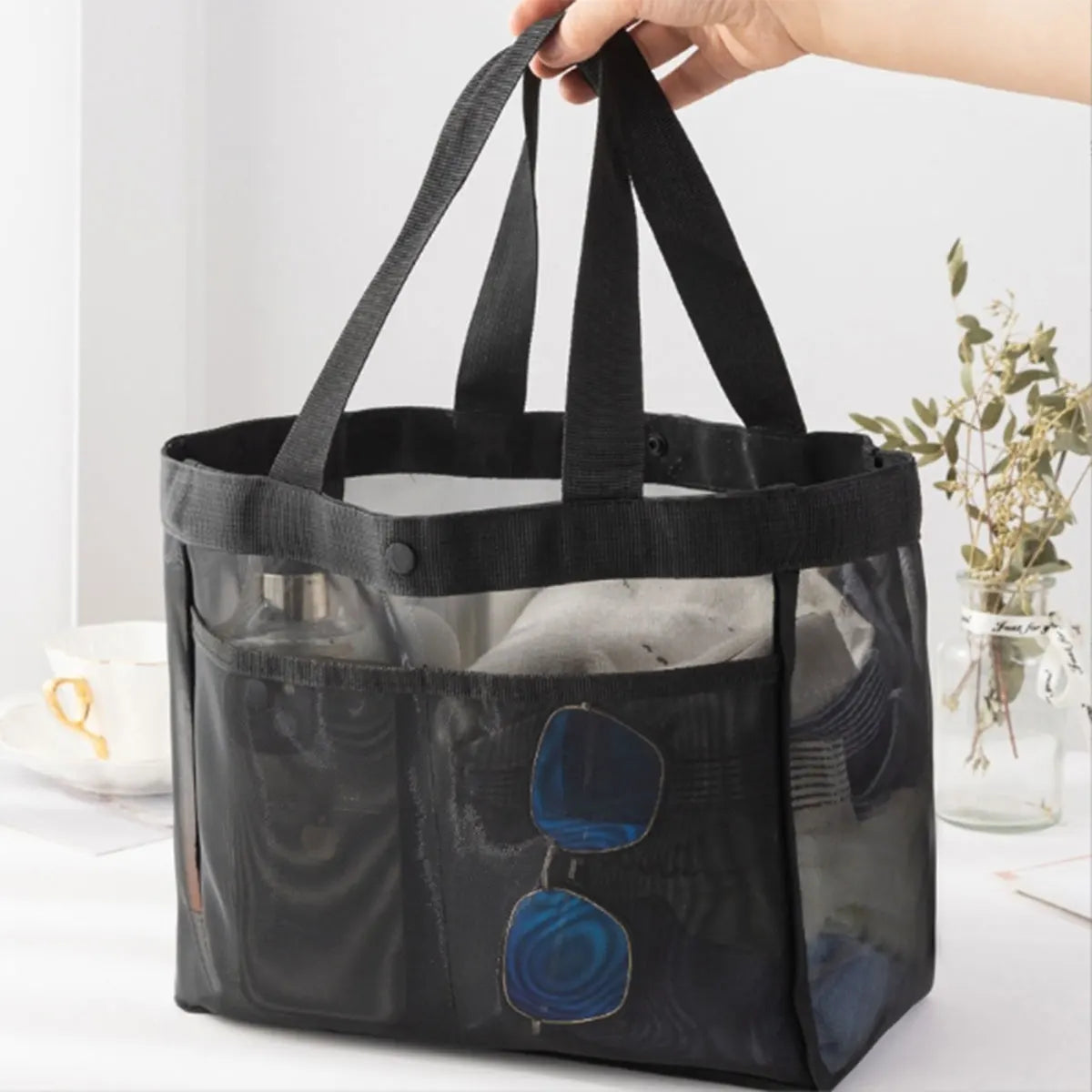 Solid Color Gauze Handbag Transparent Storage Bag Shoulder Bag Beach Bag Large Capacity Mall Transparent Net Shopping Bag 1 PC