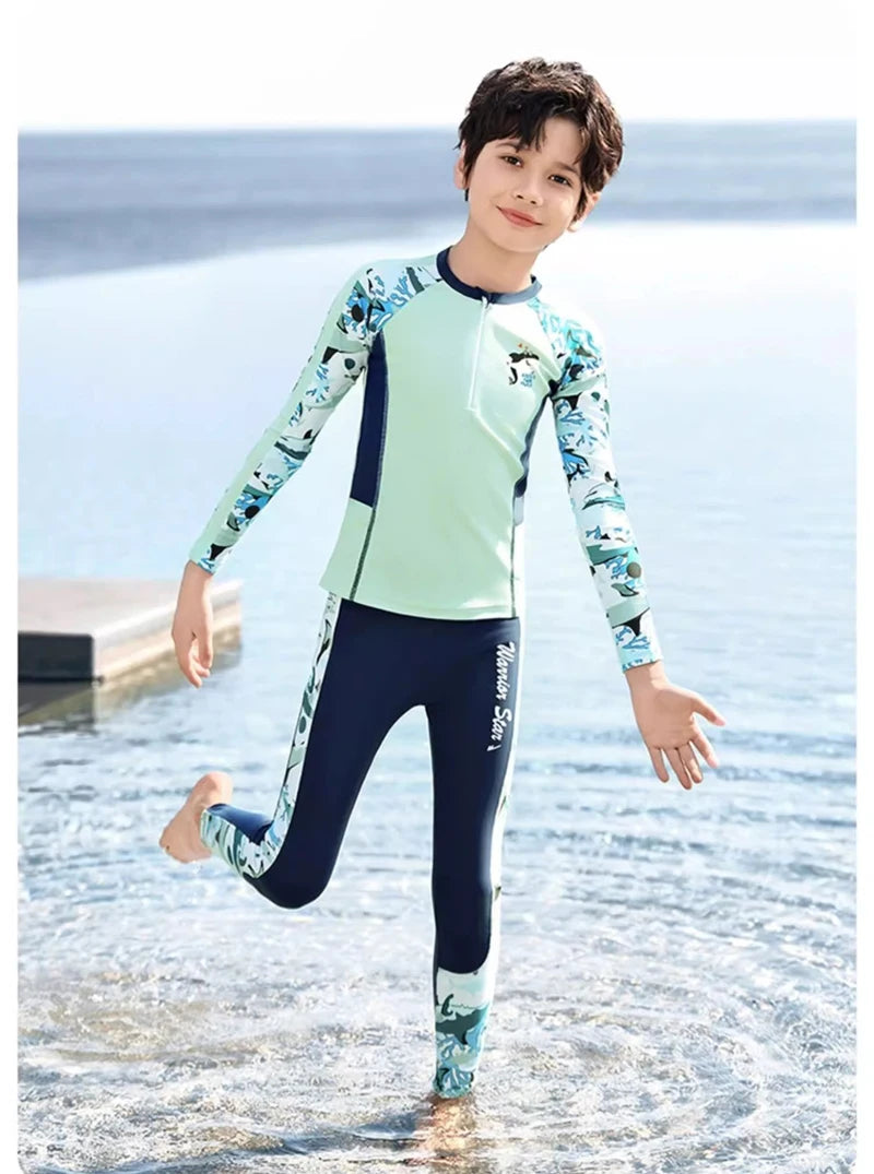 Full Body Boys Swimwear Sun Protection Kids Swimsuit Two Piece Children Long Sleeve Bathing Suit Summer Swimming Pool Clothes