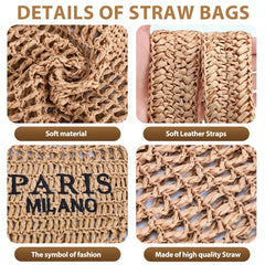 Straw Beach Bags for Women - Women Beach Handmade Woven Tote Bag, Summer Mesh Hollow Shoulder Bag for Holiday
