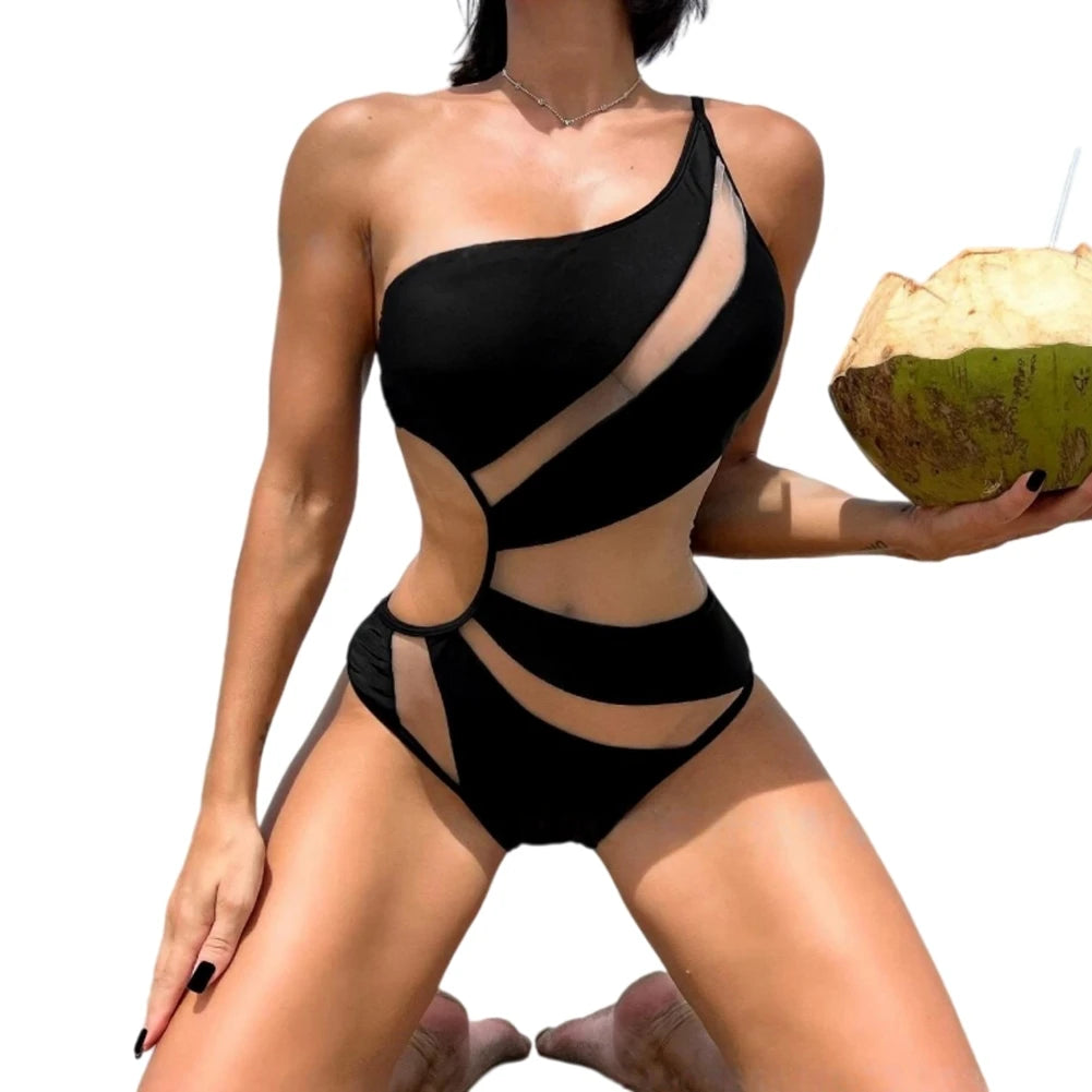 Women One-Piece Swimsuit One-shoulder Mesh Hollow Out Spliced Bathing Suit Beachwear Black White Bikini Swimwear