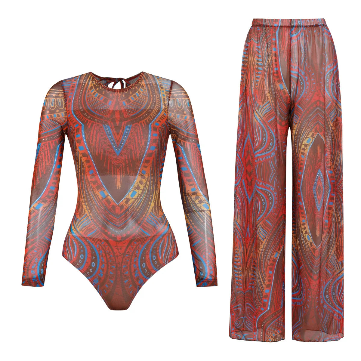 Women's Long Sleeve Swimwear Sunscreen One Piece Swimsuit High Elastic Thickened Mesh Loose Pants SPF35+ New Fitness Beachwear
