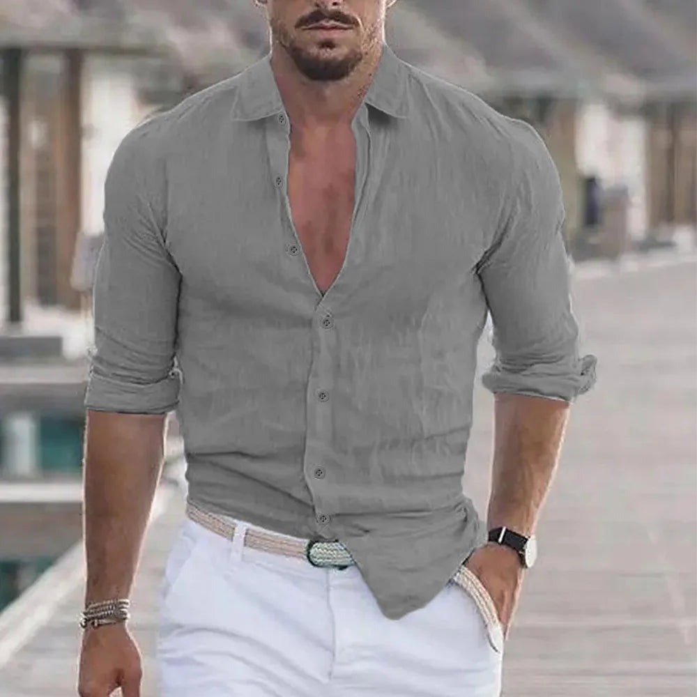 New Men's Shirt Cotton linen Fashion Casual Polo Neck Beach Shirt Long Sleeve Solid Hawaiian Holiday Shirts
